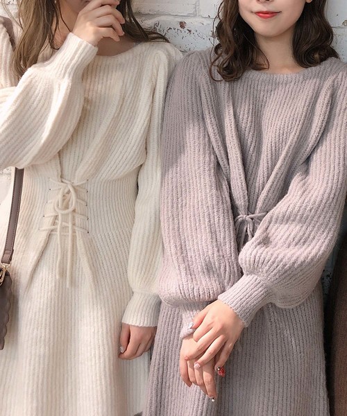 one after another NICE CLAUP（ワンアフターアナザーナイスクラップ）の「レースアップニットワンピース（ワンピース・レディース・アイボリー/グレー系その他/モカ/ミント・FREE）」の6枚目の写真