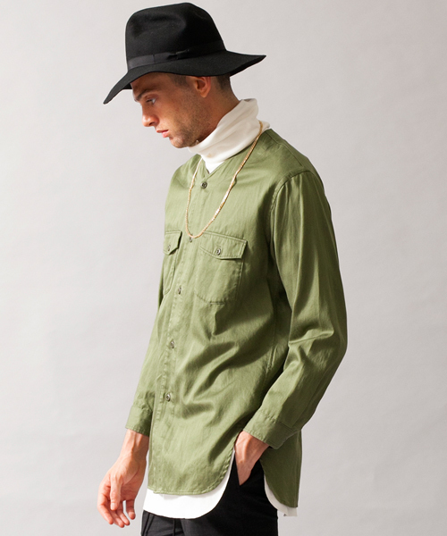 MONKEY TIME（モンキータイム）の「MT C/LYCL ノーカラー ユーティリティー シャツ ◆（シャツ/ブラウス・メンズ・オリーブ・MEDIUM/X-LARGE/LARGE/SMALL）」の6枚目の写真