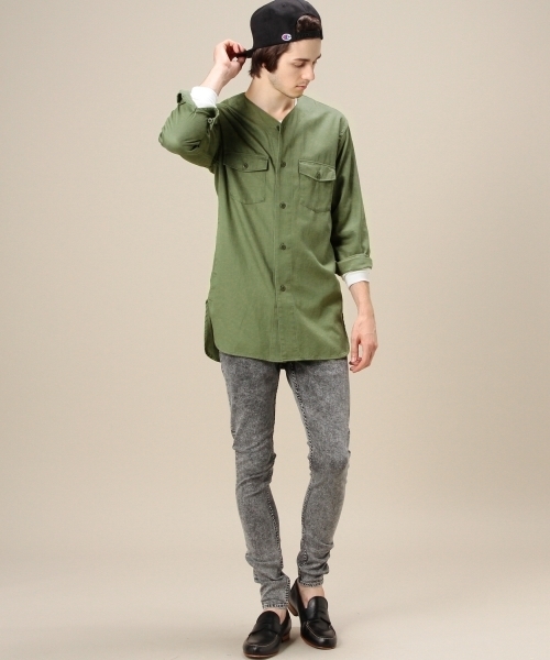MONKEY TIME（モンキータイム）の「MT C/LYCL ノーカラー ユーティリティー シャツ ◆（シャツ/ブラウス・メンズ・オリーブ・MEDIUM/X-LARGE/LARGE/SMALL）」の5枚目の写真