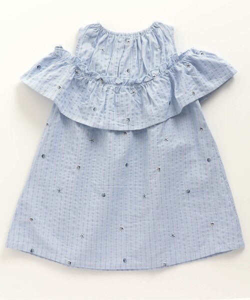 Seraph（セラフ）の「ストライプシェル刺繍オフショルワンピース（ワンピース・キッズ・ブルー/ピンク・80/90/95/100/110/120/130/140）」の3枚目の写真