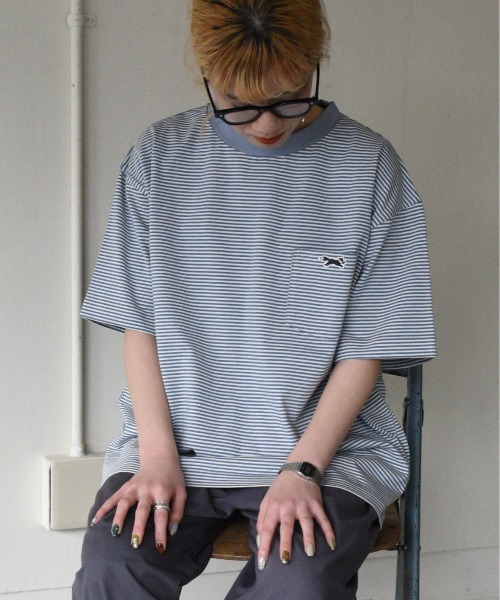 PENNEYS（ぺニーズ）の「PENNEY'S / ペニーズ FOX BORDER POCKET TEEフォックスボーダーポケットSS T-シャツオーバーサイズ（Tシャツ/カットソー・メンズ・ワイン/ブルーグレー/パープル/グリーン・MEDIUM/LARGE）」の15枚目の写真