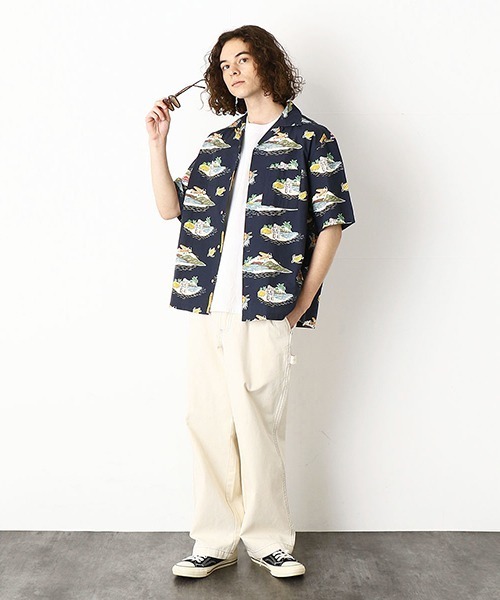 Purple&Yellow（パープルアンドイエロー）の「リゾート柄　アロハシャツ（シャツ/ブラウス・メンズ・ネイビー/サックスブルー・SMALL/MEDIUM/LARGE/X-LARGE）」の3枚目の写真