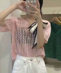 Twinkle;pm | Vネックカギ編みニット半袖TOPS(ニット/セーター)