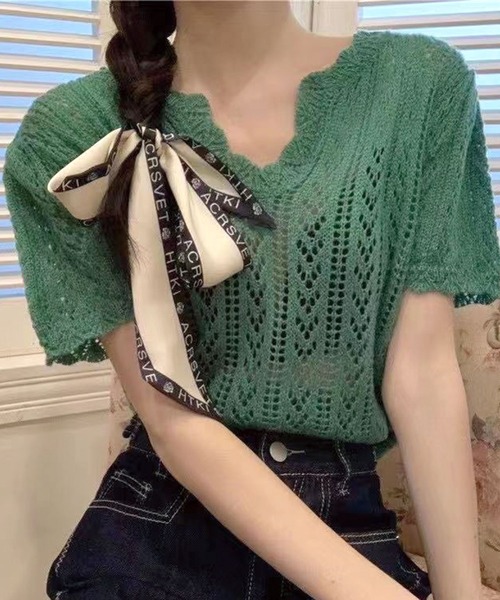 Twinkle;pm（トゥインクルピーエム）の「Vネックカギ編みニット半袖TOPS（ニット/セーター・レディース・ピンク/オフホワイト/ホワイト/ブラック/グリーン・FREE）」の5枚目の写真