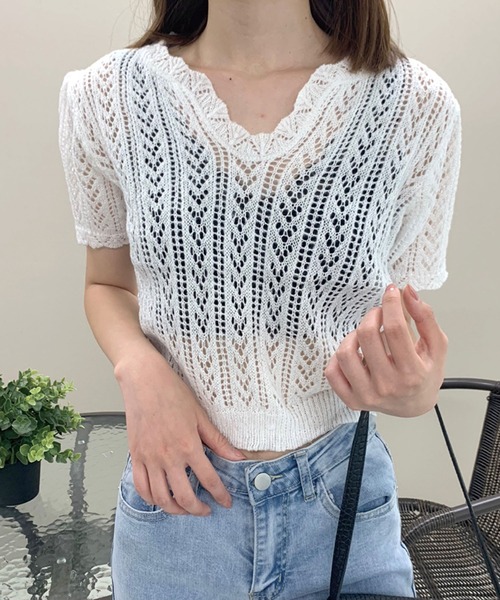 Twinkle;pm（トゥインクルピーエム）の「Vネックカギ編みニット半袖TOPS（ニット/セーター・レディース・ピンク/オフホワイト/ホワイト/ブラック/グリーン・FREE）」の8枚目の写真