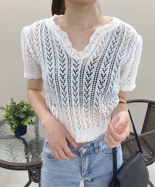 Twinkle;pm（トゥインクルピーエム）の「Vネックカギ編みニット半袖TOPS（ニット/セーター・レディース・ピンク/オフホワイト/ホワイト/ブラック/グリーン・FREE）」の9枚目の写真