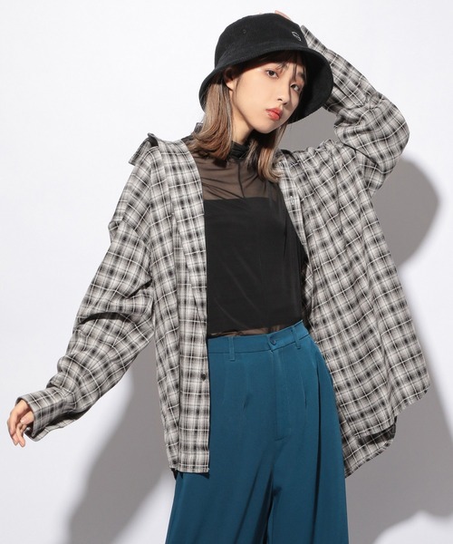 PBLIM（ページボーイリム）の「【PAGEBOYLIM】ルーズチェックシャツ（Tシャツ/カットソー・レディース・ブラック系その他/ブルー系その他/レッド系その他・FREE）」の2枚目の写真