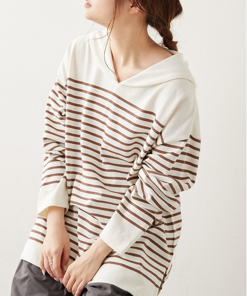 PUAL CE CIN（ピュアルセシン）の「パネルボーダーセーラーカラーロングスリーブ（Tシャツ/カットソー・レディース・グレー/ブラウン/グリーン/イエロー/ピンク・FREE）」の3枚目の写真