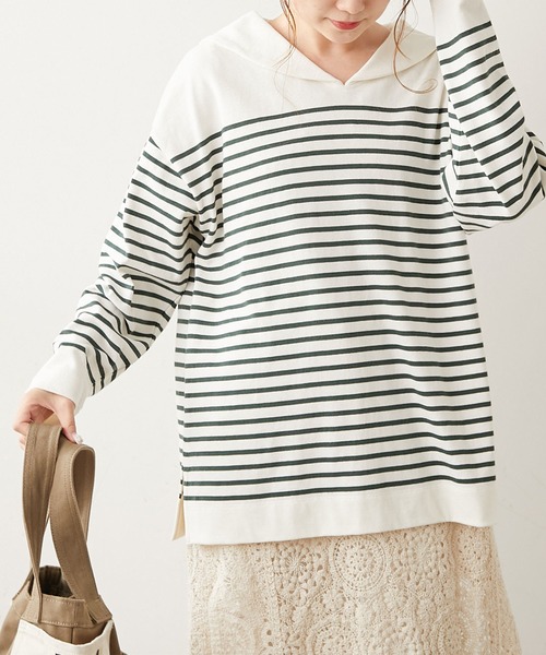 PUAL CE CIN（ピュアルセシン）の「パネルボーダーセーラーカラーロングスリーブ（Tシャツ/カットソー・レディース・グレー/ブラウン/グリーン/イエロー/ピンク・FREE）」の9枚目の写真