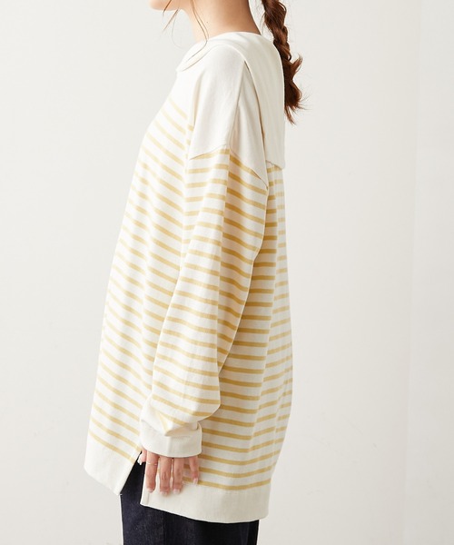 PUAL CE CIN（ピュアルセシン）の「パネルボーダーセーラーカラーロングスリーブ（Tシャツ/カットソー・レディース・グレー/ブラウン/グリーン/イエロー/ピンク・FREE）」の17枚目の写真