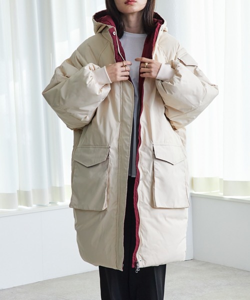 ECRIRE（エクリール）の「ｽﾀﾝﾄﾞｶﾗｰﾗｸﾞﾗﾝｽﾘｰﾌﾞﾊﾟﾌｺｰﾄ（その他アウター・レディース・ブラック/グリーン/アイボリー・M）」の10枚目の写真