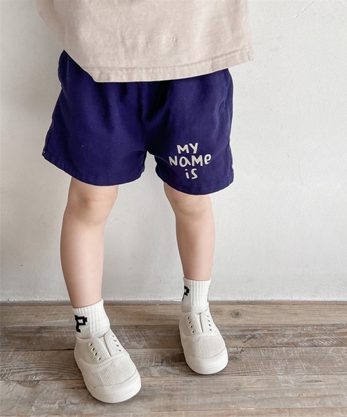 aimoha(アイモハ)の「aimoha-KIDS- 子供服 英字プリント入りハーフパンツ(その他パンツ・キッズ・ベージュ/ネイビー・90/100/110/120/80/130)」の1枚目の写真