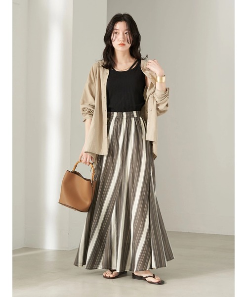 earth music&ecology（アースミュージックアンドエコロジー）の「マルチストライプフレアスカート（スカート・レディース・チャコールグレー/サックスブルー/アイボリー・FREE）」の9枚目の写真