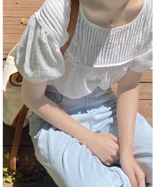 mood for a day（ムードフォーアデイ）の「half tuck blouse/ハーフタックブラウス（シャツ/ブラウス・レディース・ブルー/アイボリー・FREE）」の4枚目の写真