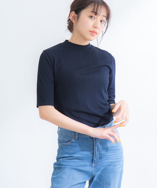 Honeys（ハニーズ）の「半袖ハイネックＴシャツ（Tシャツ/カットソー・レディース・モカ/ネイビー/ブラック/グリーン/ベージュ・L/M/S）」の5枚目の写真