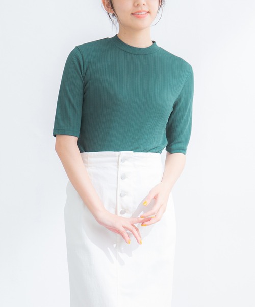 Honeys（ハニーズ）の「半袖ハイネックＴシャツ（Tシャツ/カットソー・レディース・モカ/ネイビー/ブラック/グリーン/ベージュ・L/M/S）」の4枚目の写真