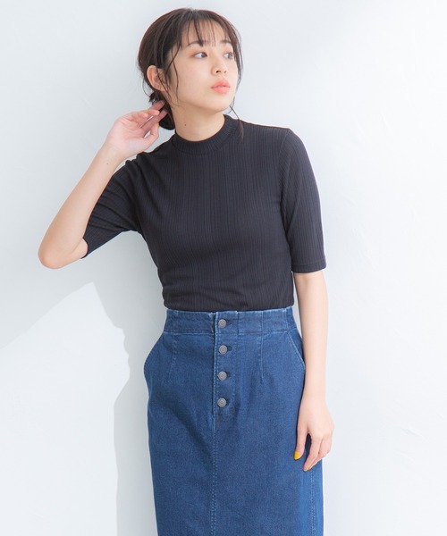 Honeys（ハニーズ）の「半袖ハイネックＴシャツ（Tシャツ/カットソー・レディース・モカ/ネイビー/ブラック/グリーン/ベージュ・L/M/S）」の6枚目の写真