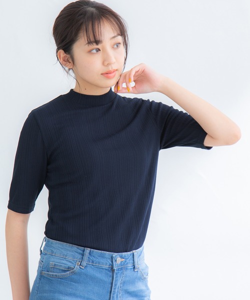 Honeys（ハニーズ）の「半袖ハイネックＴシャツ（Tシャツ/カットソー・レディース・モカ/ネイビー/ブラック/グリーン/ベージュ・L/M/S）」の9枚目の写真