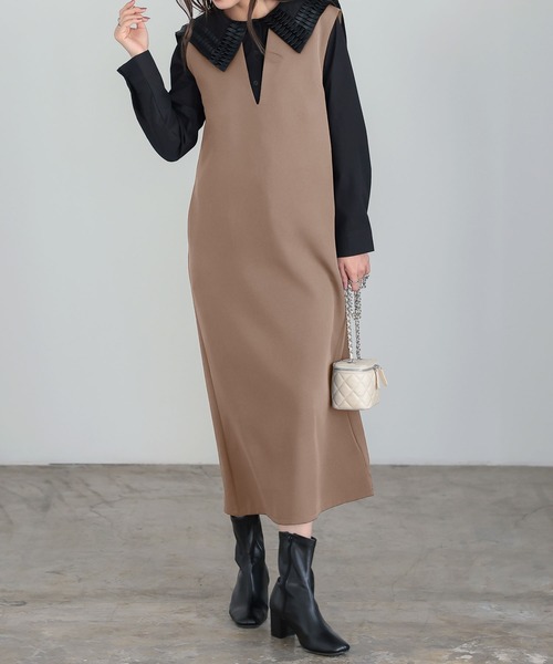 KOBE LETTUCE（コウベレタス）の「キーネックジャンスカワンピース（ワンピース・レディース・グレイッシュベージュ/ブラック/グリーン系/チャコール/ホワイト系・FREE）」の4枚目の写真