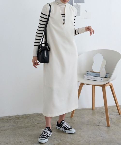 KOBE LETTUCE（コウベレタス）の「キーネックジャンスカワンピース（ワンピース・レディース・グレイッシュベージュ/ブラック/グリーン系/チャコール/ホワイト系・FREE）」の19枚目の写真