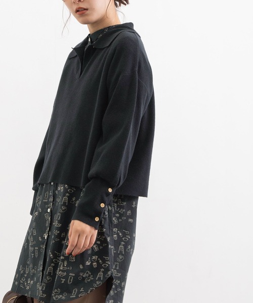 POU DOU DOU（プードゥドゥ）の「襟付きショート丈プルオーバーニット（ニット/セーター・レディース・ブラック/ブラウン/グリーン・3）」の2枚目の写真