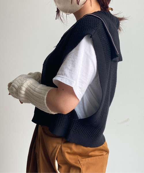 CPCM(シーピーシーエム)の「ワッフルニットハーフジップショートプルオーバー(ニット/セーター・レディース・ブラック/オレンジ/オフホワイト/グリーン・FREE)」の18枚目の写真