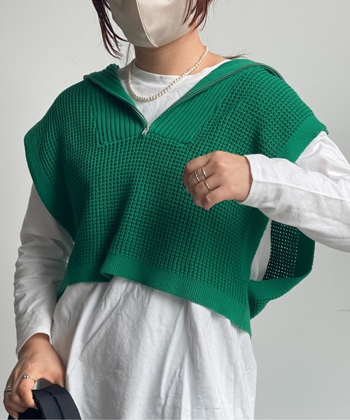 CPCM(シーピーシーエム)の「ワッフルニットハーフジップショートプルオーバー(ニット/セーター・レディース・ブラック/オレンジ/オフホワイト/グリーン・FREE)」の13枚目の写真