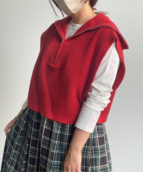 CPCM(シーピーシーエム)の「ワッフルニットハーフジップショートプルオーバー(ニット/セーター・レディース・ブラック/オレンジ/オフホワイト/グリーン・FREE)」の11枚目の写真