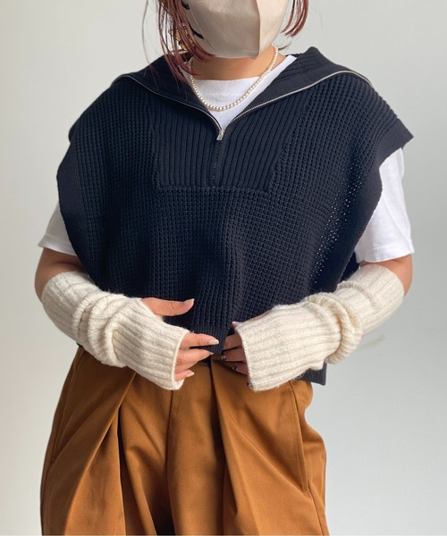 CPCM(シーピーシーエム)の「ワッフルニットハーフジップショートプルオーバー(ニット/セーター・レディース・ブラック/オレンジ/オフホワイト/グリーン・FREE)」の8枚目の写真
