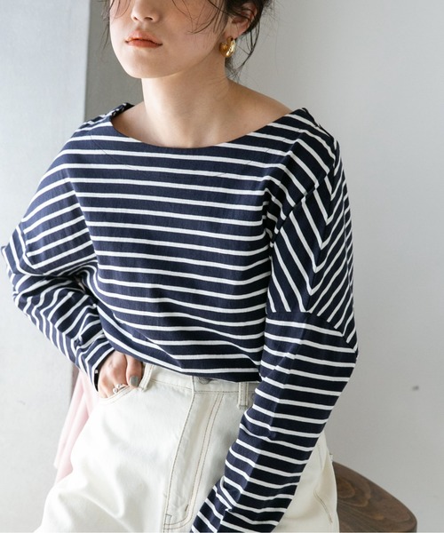 NANO universe(ナノユニバース)の「LB.04/WEB限定 ボーダーワイドドロップトップス(Tシャツ/カットソー・レディース・ブラック/ブラウン/グレー系その他4/ネイビー/オフホワイト/ブルー・FREE)」の1枚目の写真