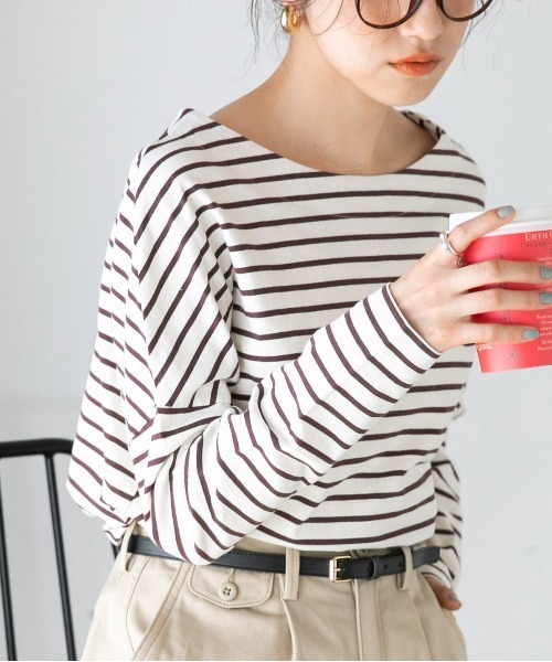 NANO universe(ナノユニバース)の「LB.04/WEB限定 ボーダーワイドドロップトップス(Tシャツ/カットソー・レディース・ブラック/ブラウン/グレー系その他4/ネイビー/オフホワイト/ブルー・FREE)」の5枚目の写真