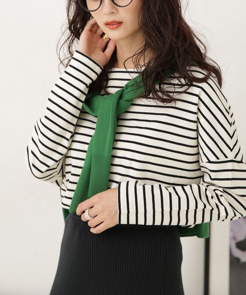 NANO universe(ナノユニバース)の「LB.04/WEB限定 ボーダーワイドドロップトップス(Tシャツ/カットソー・レディース・ブラック/ブラウン/グレー系その他4/ネイビー/オフホワイト/ブルー・FREE)」の2枚目の写真