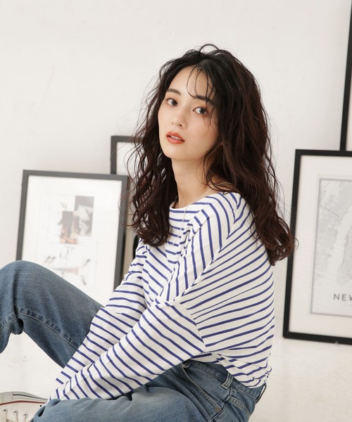 NANO universe(ナノユニバース)の「LB.04/WEB限定 ボーダーワイドドロップトップス(Tシャツ/カットソー・レディース・ブラック/ブラウン/グレー系その他4/ネイビー/オフホワイト/ブルー・FREE)」の14枚目の写真