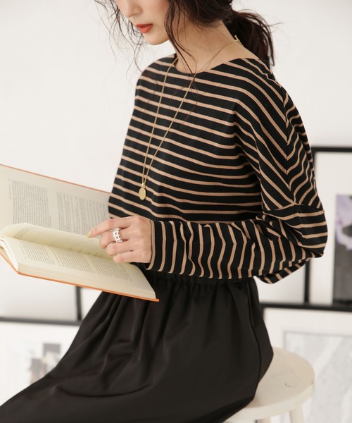 NANO universe(ナノユニバース)の「LB.04/WEB限定 ボーダーワイドドロップトップス(Tシャツ/カットソー・レディース・ブラック/ブラウン/グレー系その他4/ネイビー/オフホワイト/ブルー・FREE)」の9枚目の写真