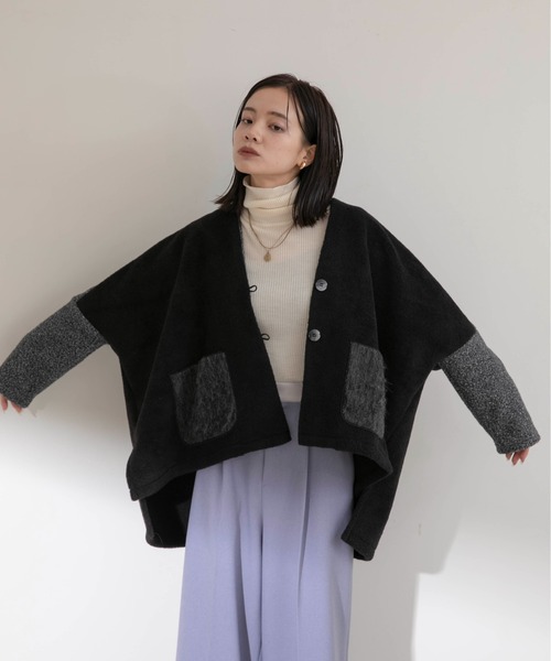 Eimee Law(エイミーロウ)の「オーバーサイズ ニットボアカーディガンジャケット(ノーカラージャケット・レディース・ブラック/アイボリー・38)」の12枚目の写真