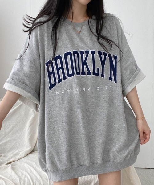 ✨日本製✨プランピーナッツ ♡ カットソー シフォン 高級 ブランド お洒落 紺 フラワーモチーフ ビッグカラーカットソー（Tシャツ/カットソー