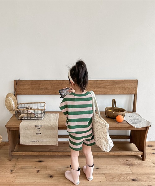 aimoha（アイモハ）の「【aimoha-KIDS-】ボーダーTEE+ショットパンツ　セットアップ (SS)（セットアップ・キッズ・グリーン/ブルー・80/90/100/110/120/130）」の4枚目の写真