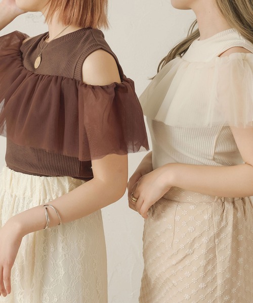 Ambre Neige(アンブルネージュ)の「2wayチュールフリルトップス/【WEB/EC限定商品】(Tシャツ/カットソー・レディース・アイボリー/ダークブラウン・FREE)」の7枚目の写真