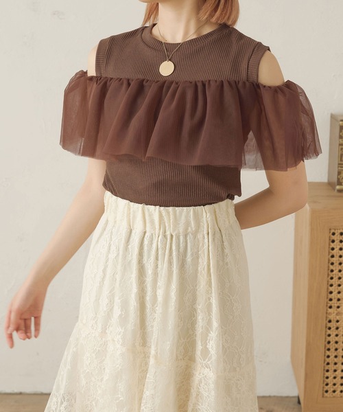 Ambre Neige(アンブルネージュ)の「2wayチュールフリルトップス/【WEB/EC限定商品】(Tシャツ/カットソー・レディース・アイボリー/ダークブラウン・FREE)」の8枚目の写真
