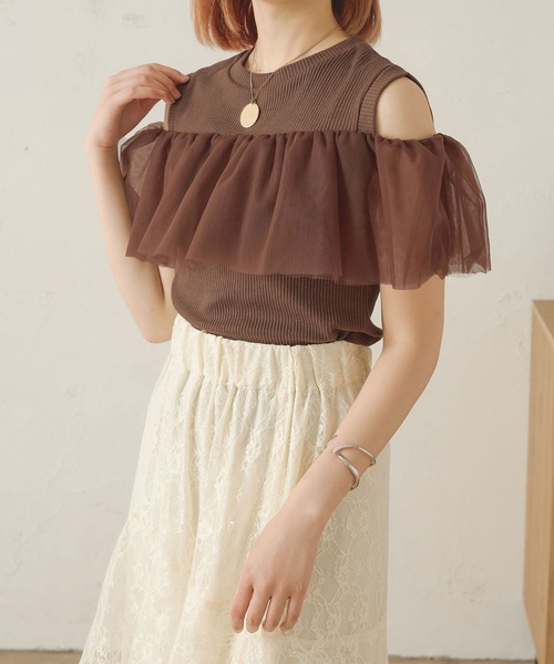Ambre Neige(アンブルネージュ)の「2wayチュールフリルトップス/【WEB/EC限定商品】(Tシャツ/カットソー・レディース・アイボリー/ダークブラウン・FREE)」の10枚目の写真