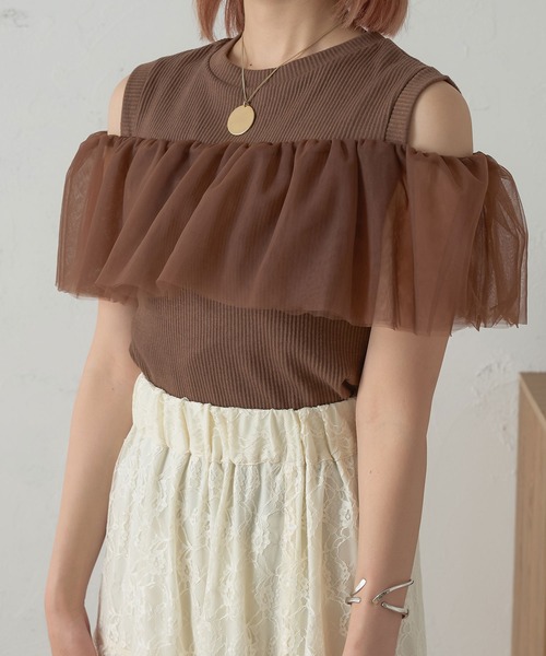 Ambre Neige(アンブルネージュ)の「2wayチュールフリルトップス/【WEB/EC限定商品】(Tシャツ/カットソー・レディース・アイボリー/ダークブラウン・FREE)」の16枚目の写真