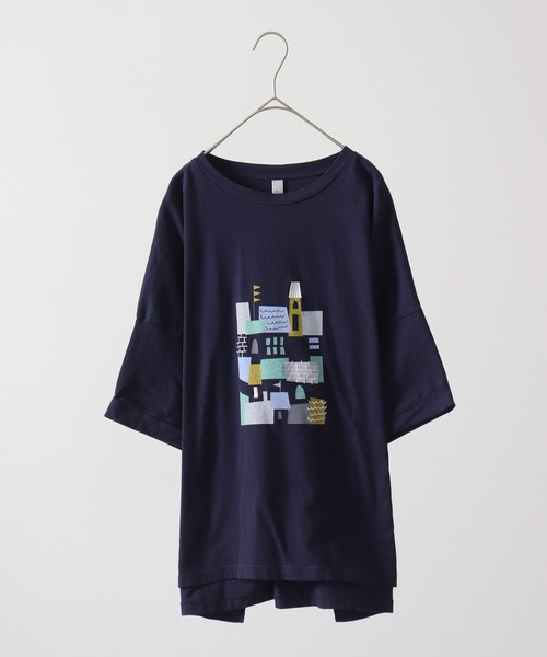 EMAGO 城のプリント刺繍5分袖Tシャツ（Tシャツ/カットソー