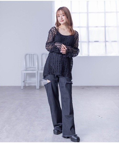 clear（クリア）の「かぎ針編み長袖ニットプルオーバー[シアー　大人カジュアル]≪2024SS≫（ニット/セーター・レディース・ブラック/ブラウン/ベージュ・F）」の12枚目の写真