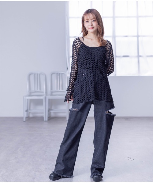 clear（クリア）の「かぎ針編み長袖ニットプルオーバー[シアー　大人カジュアル]≪2024SS≫（ニット/セーター・レディース・ブラック/ブラウン/ベージュ・F）」の13枚目の写真