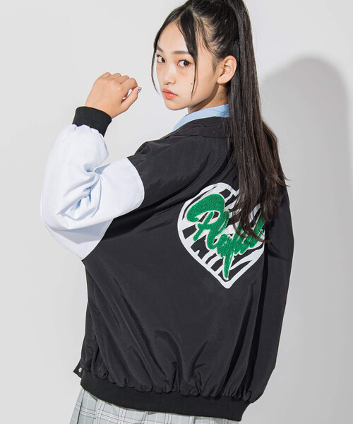 ZIDDY（ジディ）の「【 ニコ☆プチ 掲載 】サガラ刺繍バイカラースタジャン(130~160cm)（スタジャン・キッズ・ブラック/グリーン・150cm/160cm/130cm/140cm）」の8枚目の写真