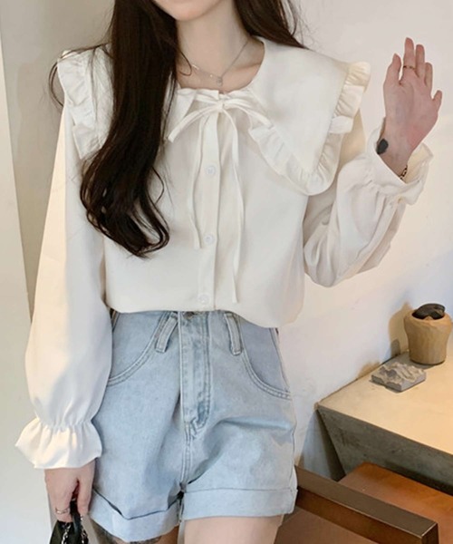 frunco（フランコ）の「襟付きフリルリボンブラウス（シャツ/ブラウス・レディース・ホワイト/ベージュ/ネイビー・FREE）」の5枚目の写真