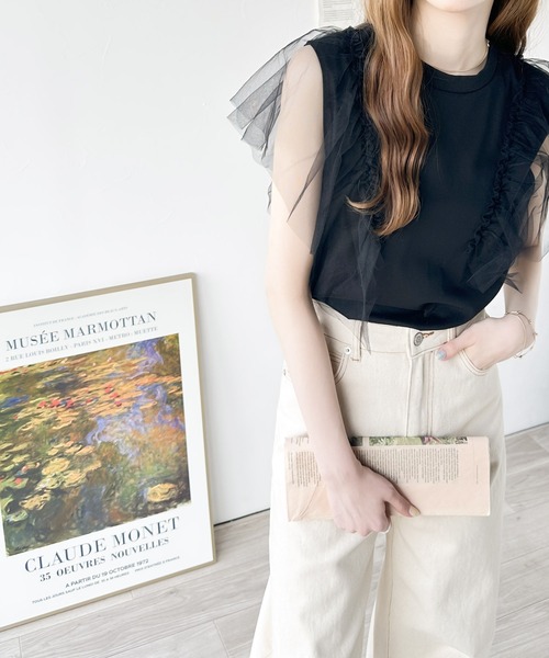 classicalelf(クラシカルエルフ)の「シンプルなのに着映えトップス。オーガニックコットン混 綿100%シルケット袖チュールトップス(Tシャツ/カットソー・レディース・グレー/グレイッシュベージュ/ブラック・X-LARGE/LARGE/MEDIUM/SMALL)」の5枚目の写真