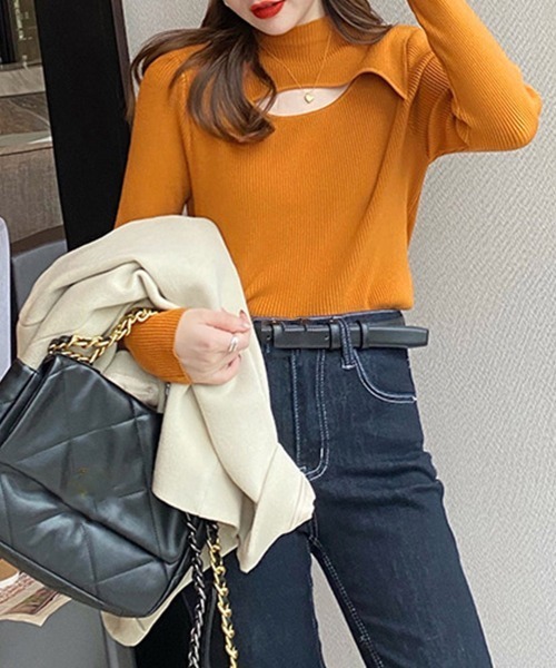 Miniministore(ミニミニストア)の「ニットトップス 胸開き プチハイネック(ニット/セーター・レディース・ベージュ/ブラウン/ブラック/ホワイト/オリーブ/オレンジ・フリー)」の17枚目の写真