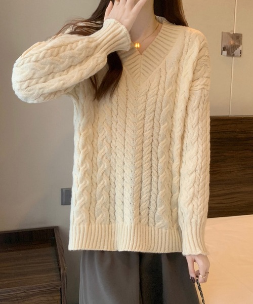 Vネック ケーブル編みニット オーバーサイズ リブニット（ニット