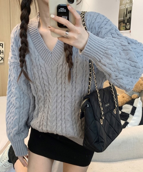 NICO.グレー ケーブル編み 長袖ニットセーター グレー ケーブルニット 長袖セーター